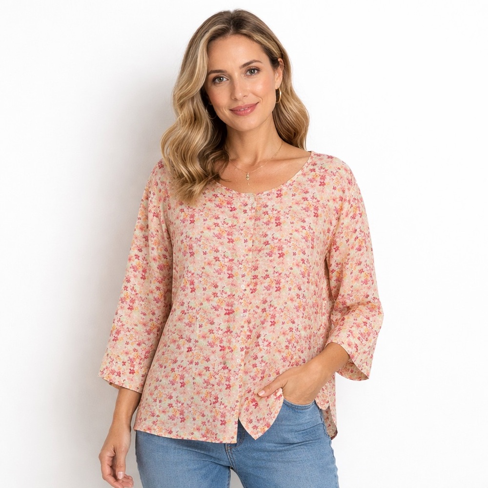 L.L.Bean Floral 100% Linen Button Front Top Women’s Large